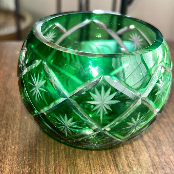 Vintage Art Glass Crystal Green Cut to Clear candle holder white barn candle co. - Picture 5 of 9
